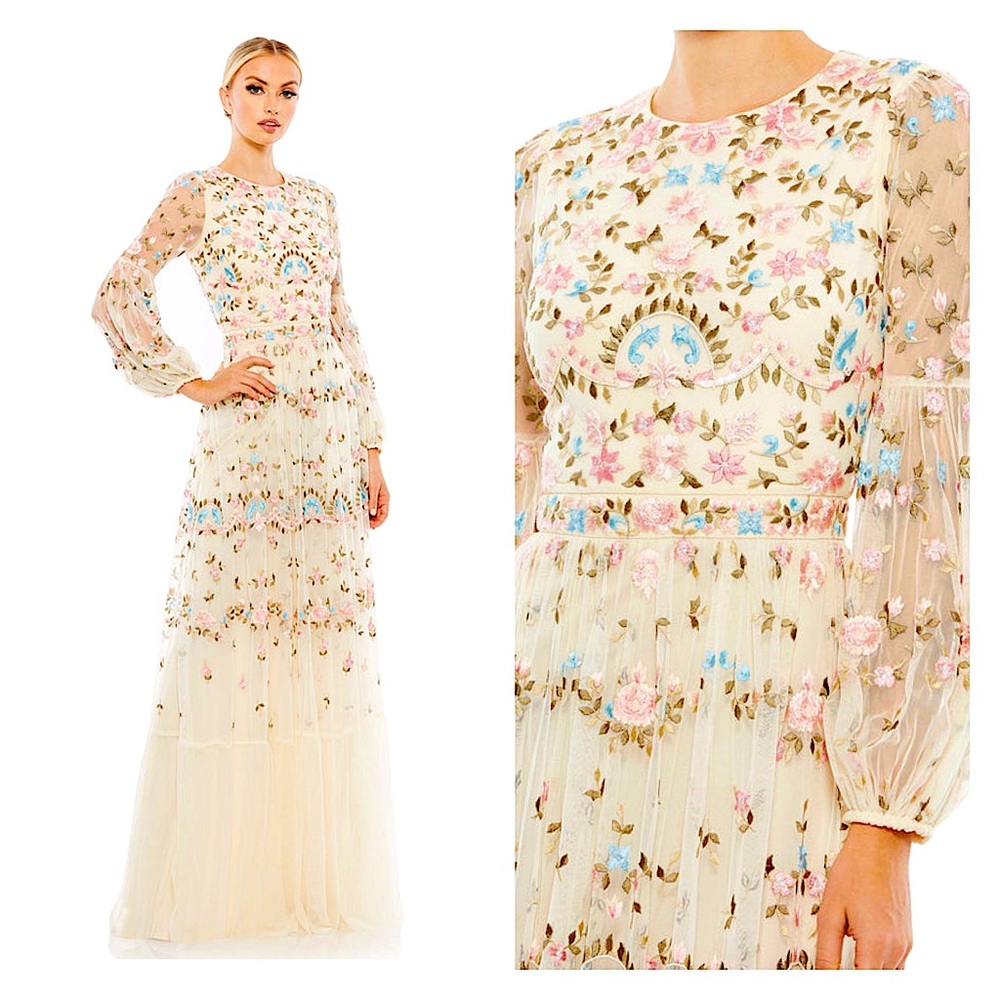 Mac Duggal Ivory Embroidered Blouson Sleeve Gown Size 12 $798 35111